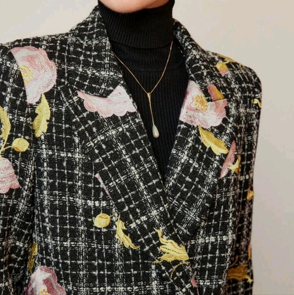 TWEED EMBROIDERY FLORAL PATTERN PLAID PEAK COLLAR PEA OVERCOAT - Picture 3 of 5